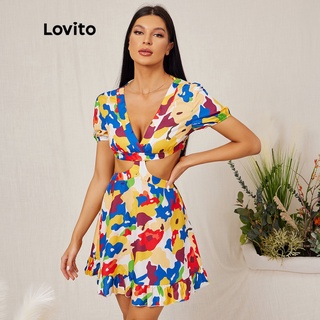 1221de-Đầm Lovito cổ chữ V cắt xẻ lai bèo xếp nếp lưng hở mau chắp vá phong cách Boho L18D093 (Nhiều màu)