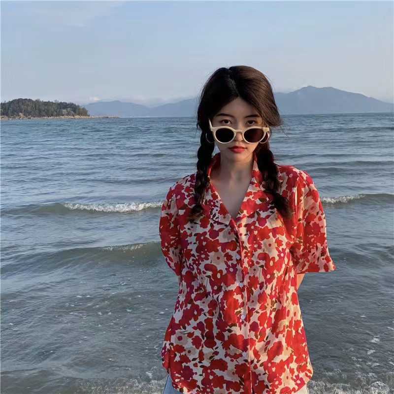 Áo sơ mi SUXI tay ngắn dáng rộng in họa tiết hoa màu đỏ phong cách vintage thời trang mùa hè dành cho nữ