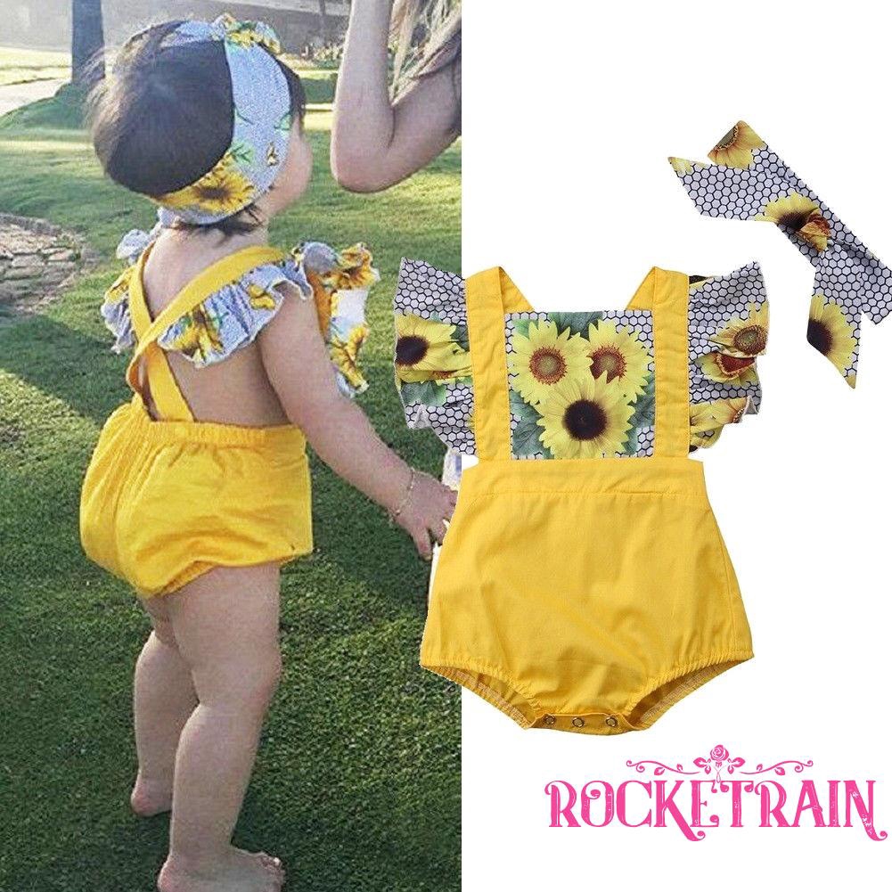 Set jumpsuit sát nách họa tiết hoa + băng đô cài tóc xinh xắn dành cho bé gái