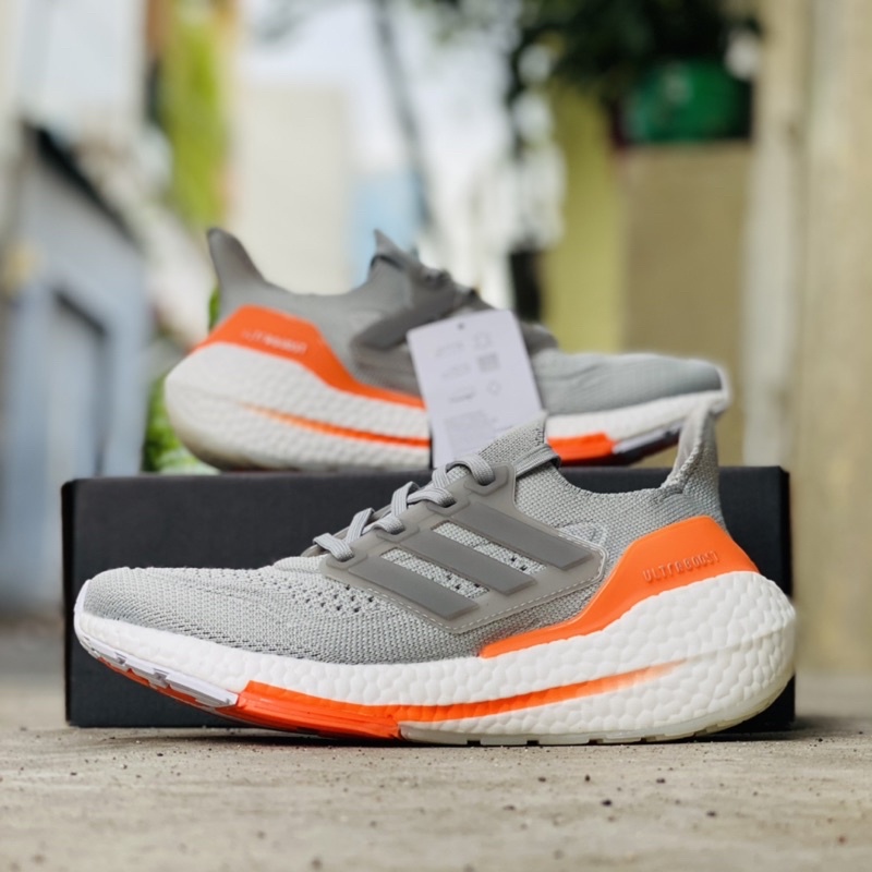 Giầy ultraboost 2021 xám phối cam nam, giầy chạy bộ