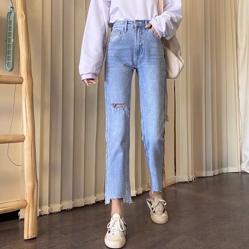 Quần Jeans suông rách gối Bigsize