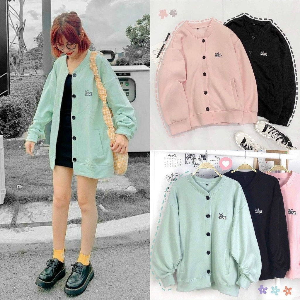 Áo Khoác Nỉ Bông Cardigan Thêu Cún Lười Lazy Puppy