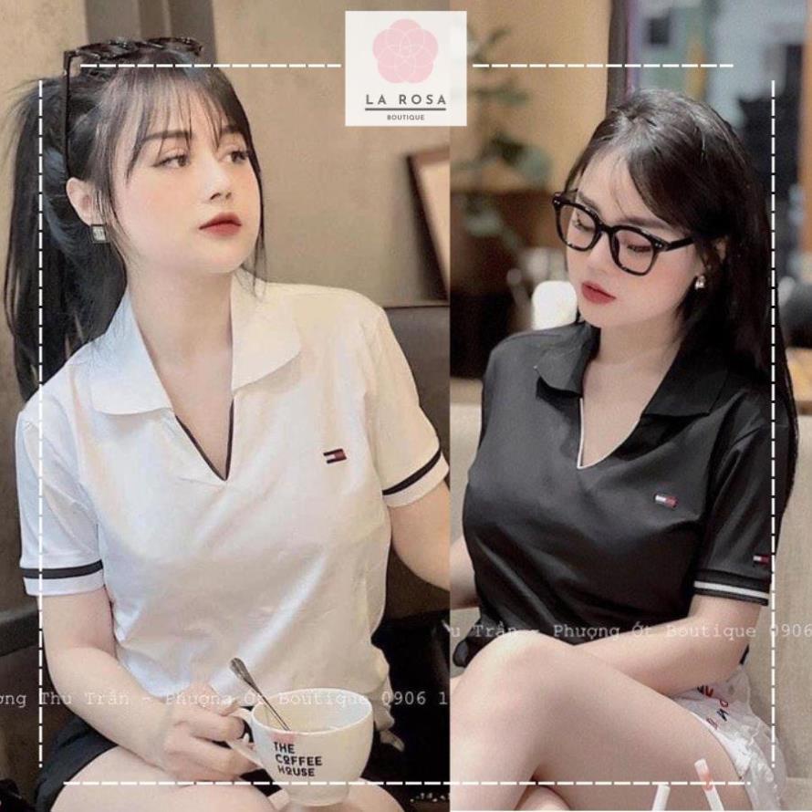Áo polo nữ Tommy hàng ĐẸP CAO CẤP cổ V phối màu Đen Trắng, áo phông nữ polo Tommy cổ bẻ chữ V, Áo thun nữ cổ bẻ BIGSIZE