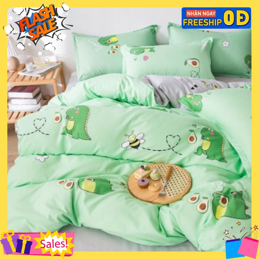 Bộ ga gối 3 món cotton poly 1m8x2m,được chọn mẫu-khủng long bơ