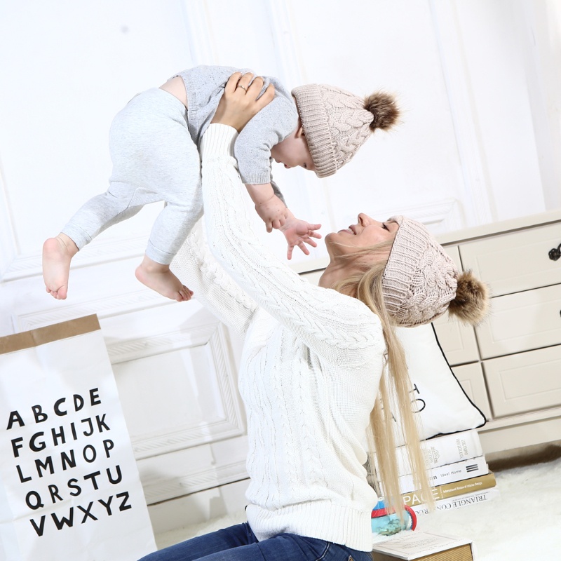 Mũ Beanie Dệt Kim Giữ Ấm Tai Thời Trang Thu Đông Dành Cho Mẹ Và Bé