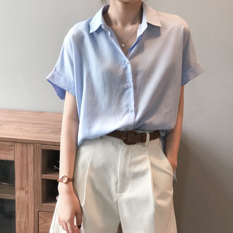 Áo sơ mi ngắn tay form rộng size S xanh baby 92wear