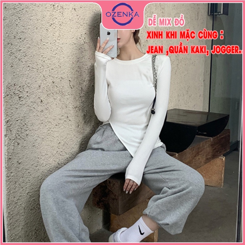 Áo thun croptop nữ tay dài sẻ gấu OZENKA , ao crt ôm body phong cách Hàn Quốc chất cotton lụa màu đen trắng dưới 52 kg