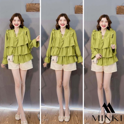 Áo sơ mi babydoll tiểu thư A.290, Áo kiểu cổ tim 3 tầng bèo xòe cách điệu tay bo điệu đà | BigBuy360 - bigbuy360.vn