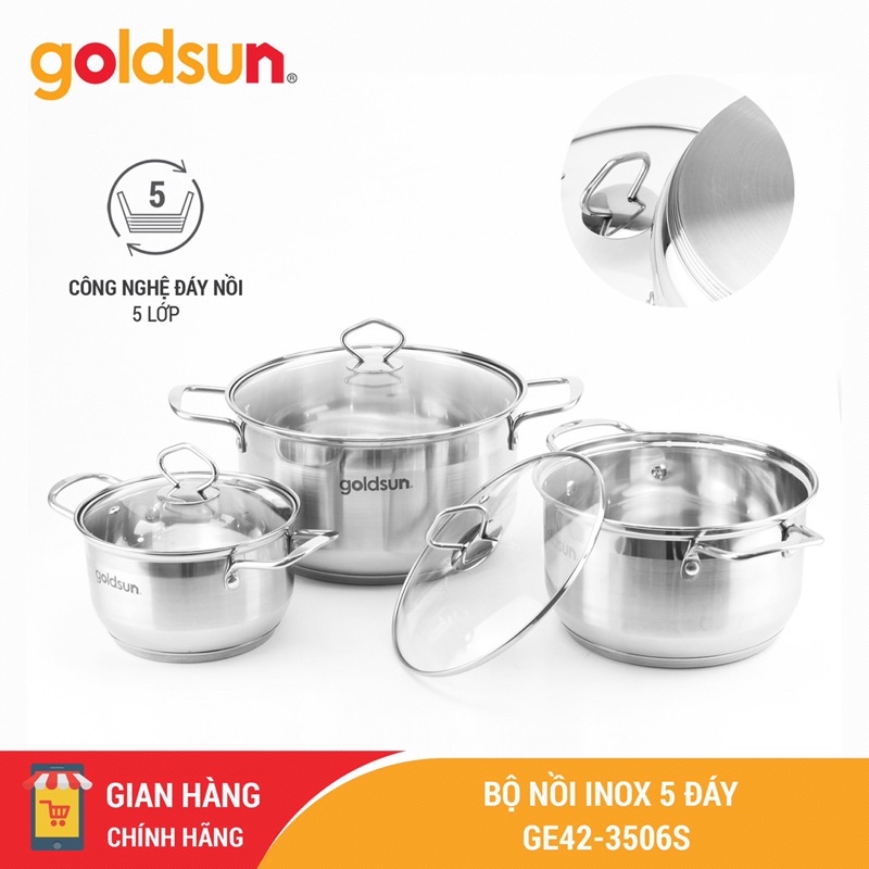 Bộ 3 nồi inox 5 đáy cao cấp Goldsun model GE41-3506SG