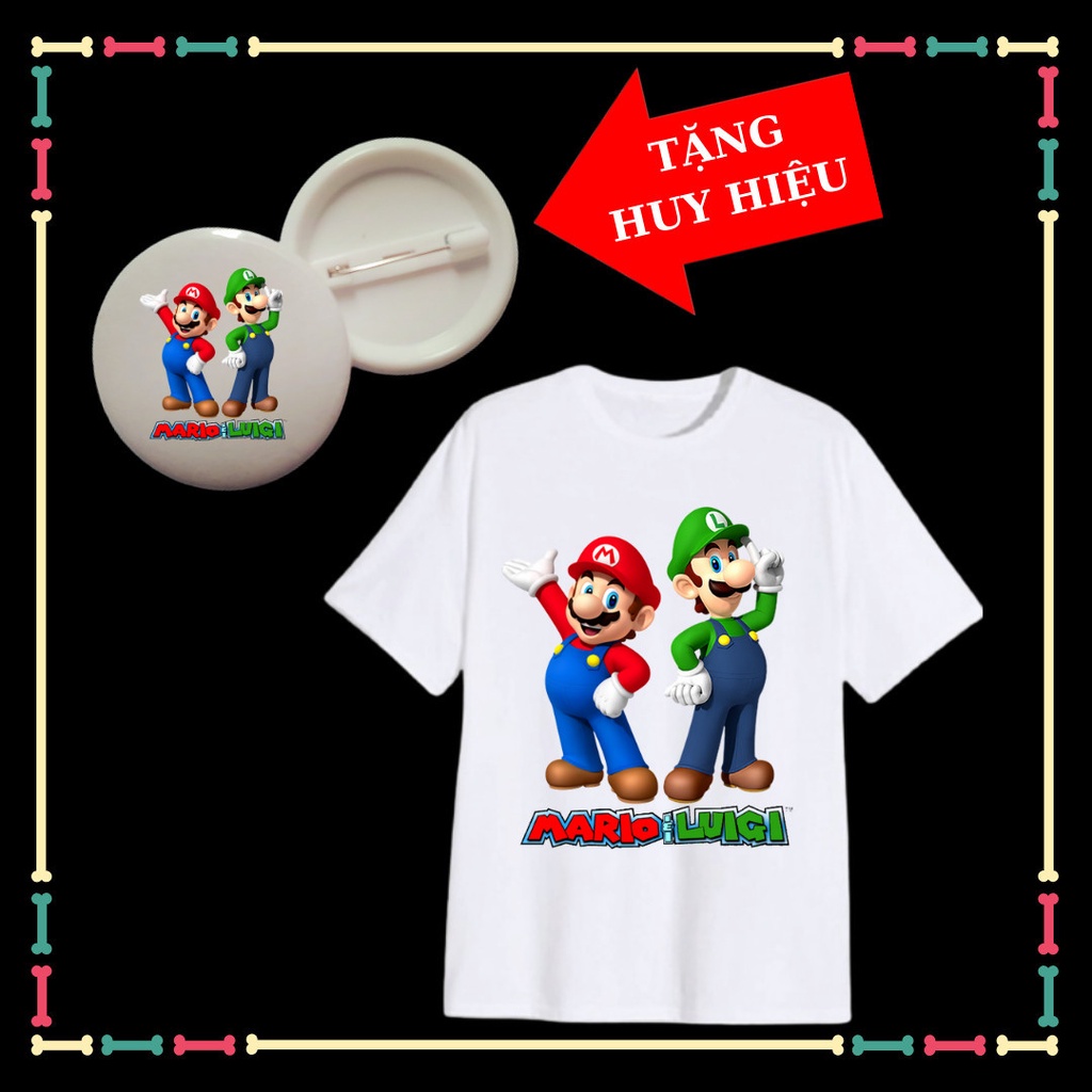 Áo phông mario trẻ em, đủ size áo từ 10kg đến 90kg, đủ màu sắc, huy hiệu Mario