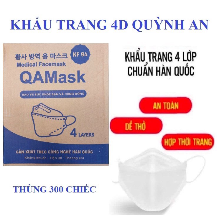 THÙNG 300 CHIẾC KHẨU TRANG KHÁNG KHUẨN 4D QUỲNH AN MASK KF94  CAO CẤP ÔM SÁT MẶT