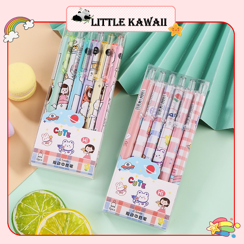 Set 6 bút gel bấm mực đen ngòi 0,5mm họa tiết hoạt hình dễ thương