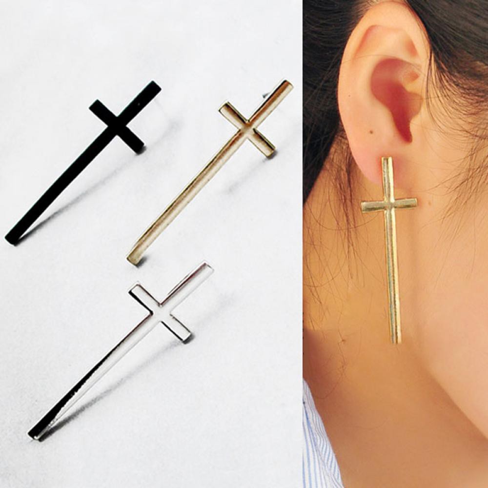 Khuyên tai nữ mạ vàng &amp; bạc &amp; đen hình cây thánh giá thời trang