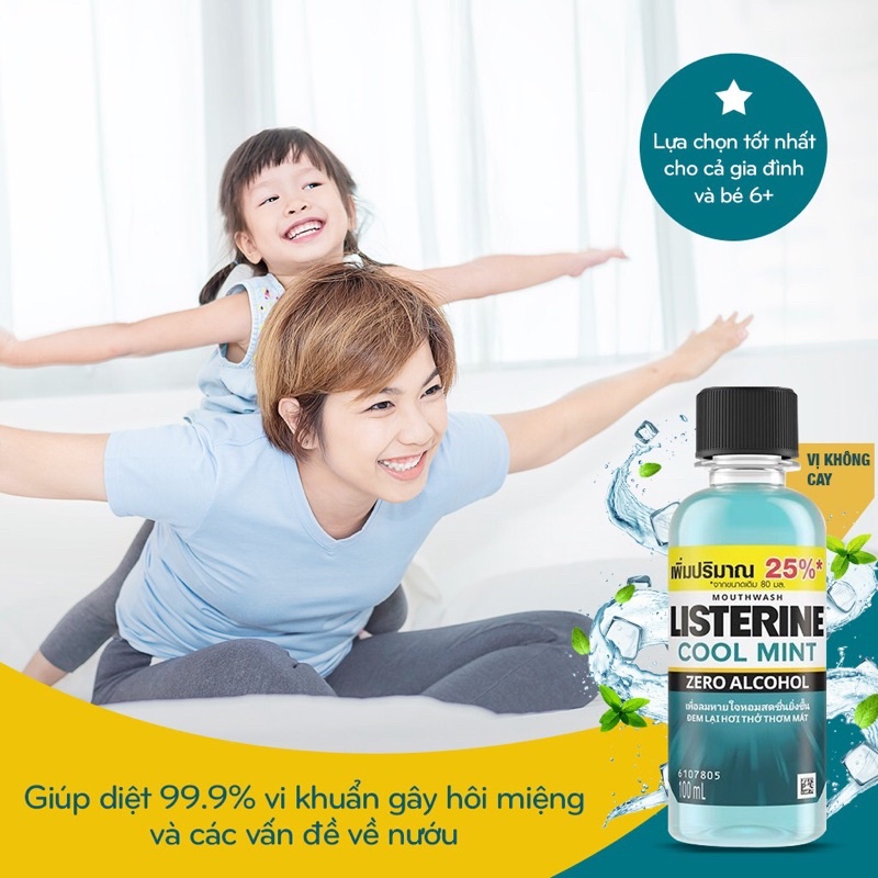 Nước Súc Miệng LISTERINE 100ML Cool Mint, Zero Alcohol, diệt khuẩn bảo vệ răng miệng, giữ hơi thở thơm mát