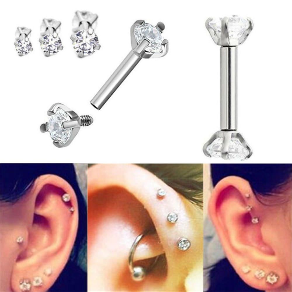 Khuyên xỏ sụn tai bằng thép đính đá zircon hai đầu thời trang