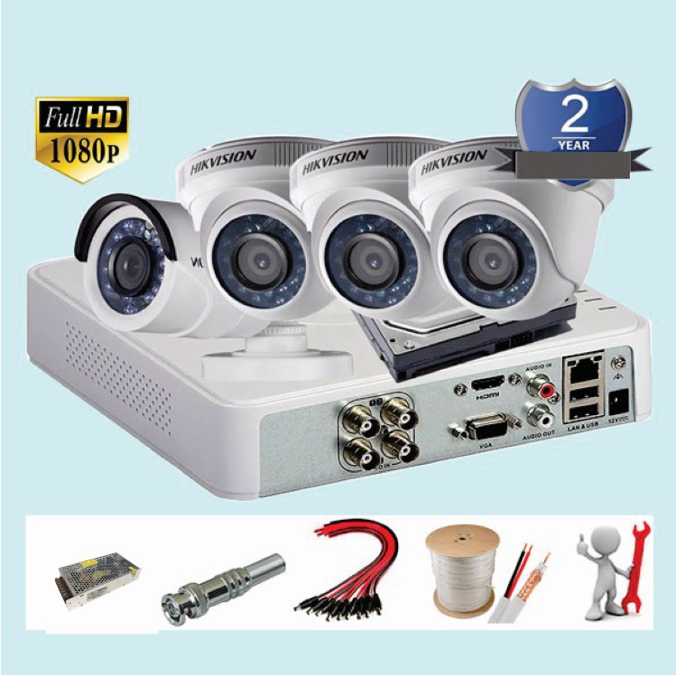 Combo Bộ 4 Camera Hikvision Full HD - 2MP  Đầy Đủ Phụ Kiện Tự Lắp Đặt Tại Nhà