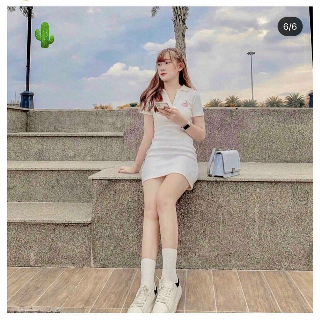 đầm sang chảnh cổ bẻ xinh thêu cherry hot hit