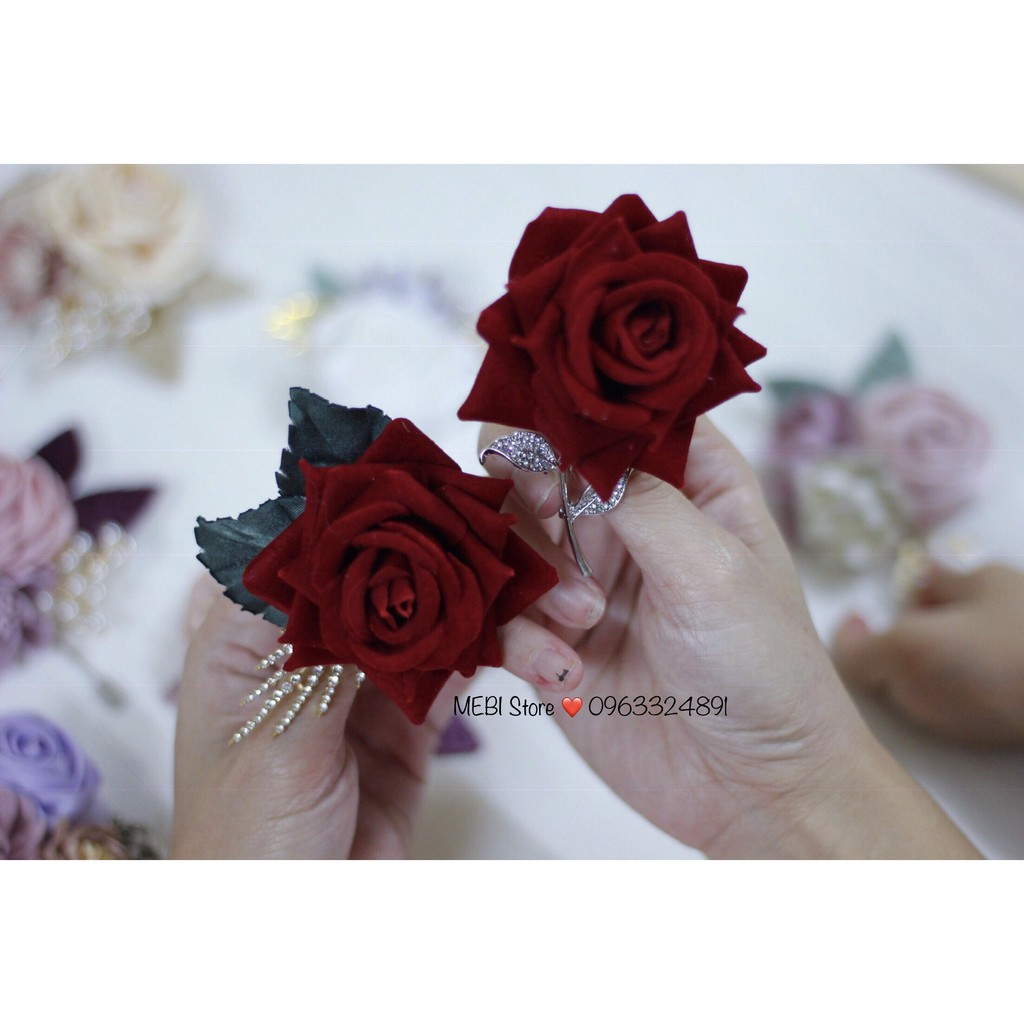 (ảnh thật 100%) Cài áo hoa hồng nhung mix cành đá siêu sang (Size 6cm)