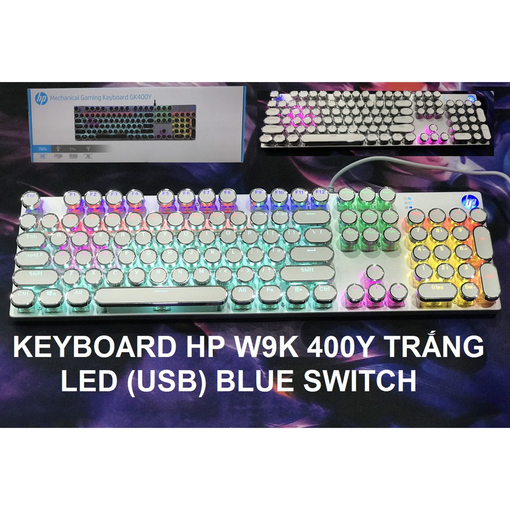 Bàn phím cơ blue switch HP GK 400Y phím tròn màu trắng bạc -hơn 20 chế độ led tùy chỉnh (trắng bạc)