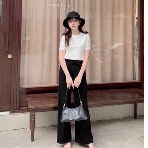 Quần dài nữ len tăm dáng suông trơn - Culottes ống rộng cạp chun vintage màu ĐEN | TRẮNG phong cách đơn giản