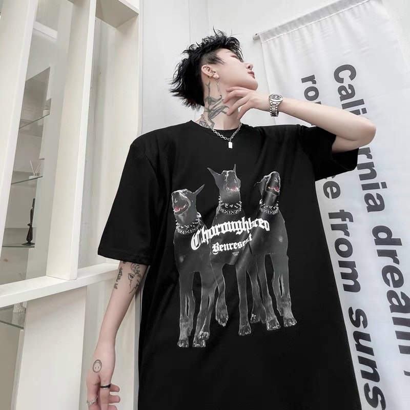 Áo thun tay lỡ in hình 3 chú chó có 4 màu