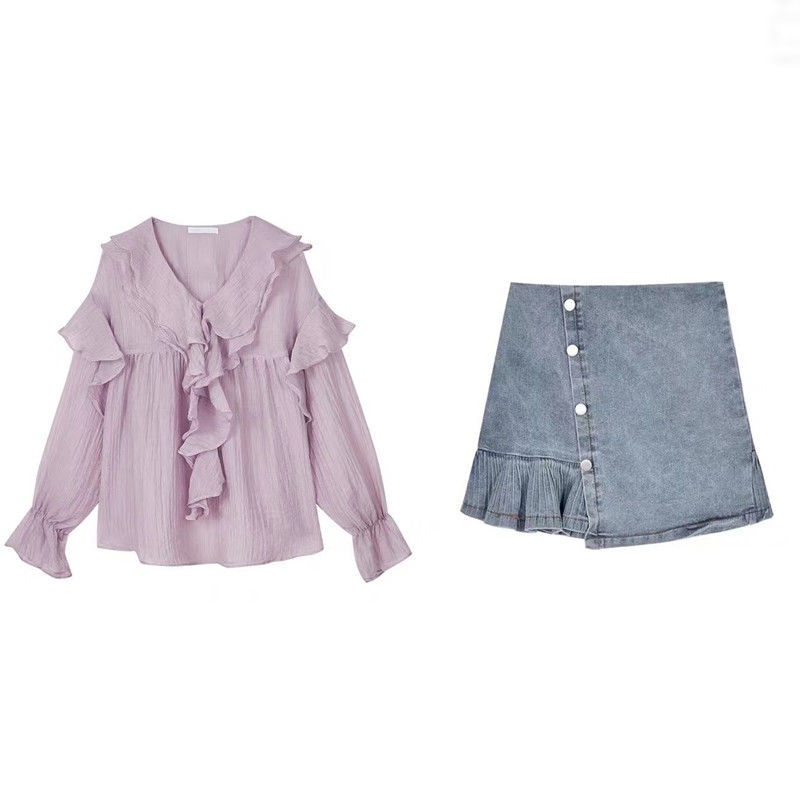 Set Áo Sơ Mi Tay Dài Phối Bèo Và Chân váy jean Lưng Cao Thời Trang Mùa Hè Mới Cho Nữ