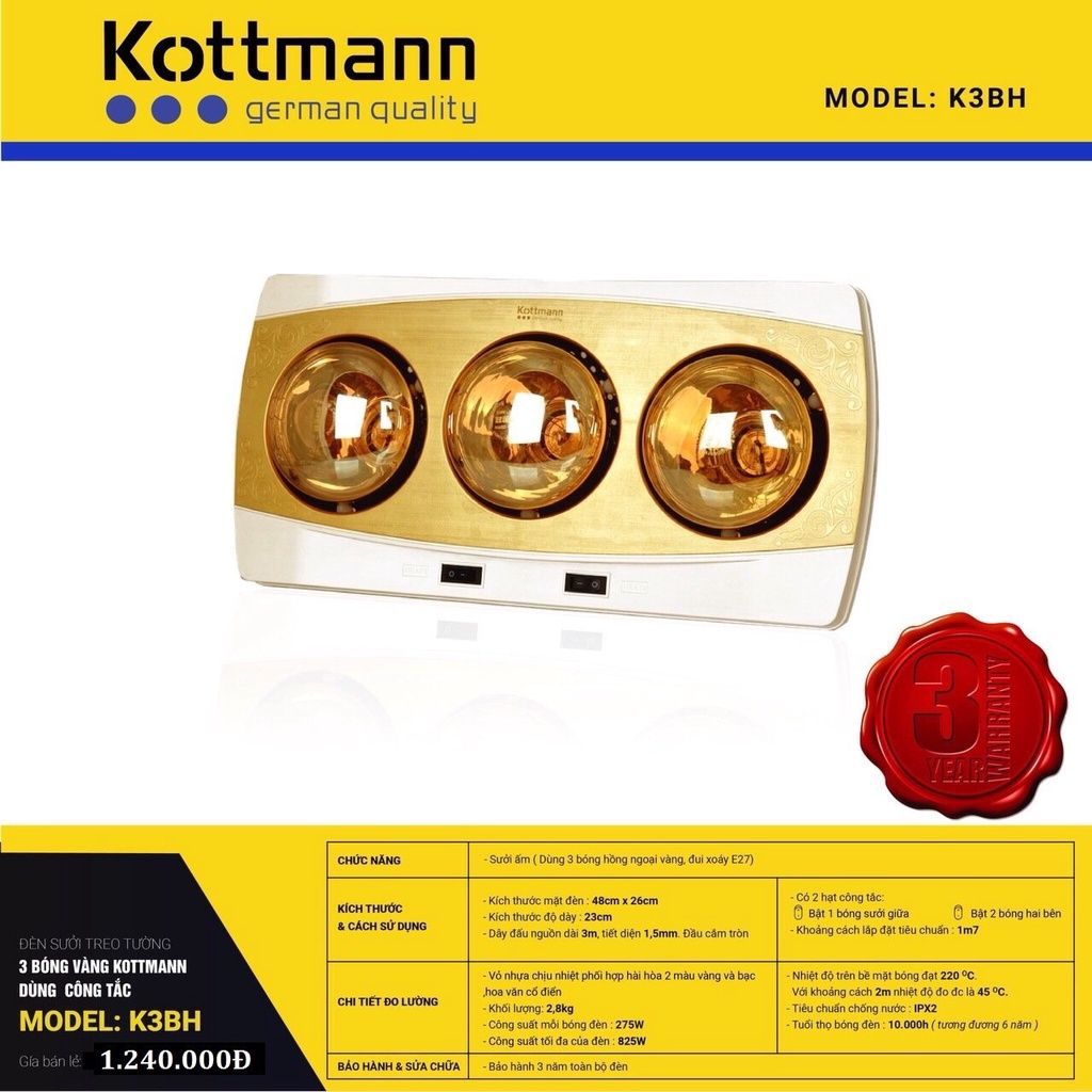 Đèn sưởi nhà tắm Kottmann 3 bóng - K3BH
