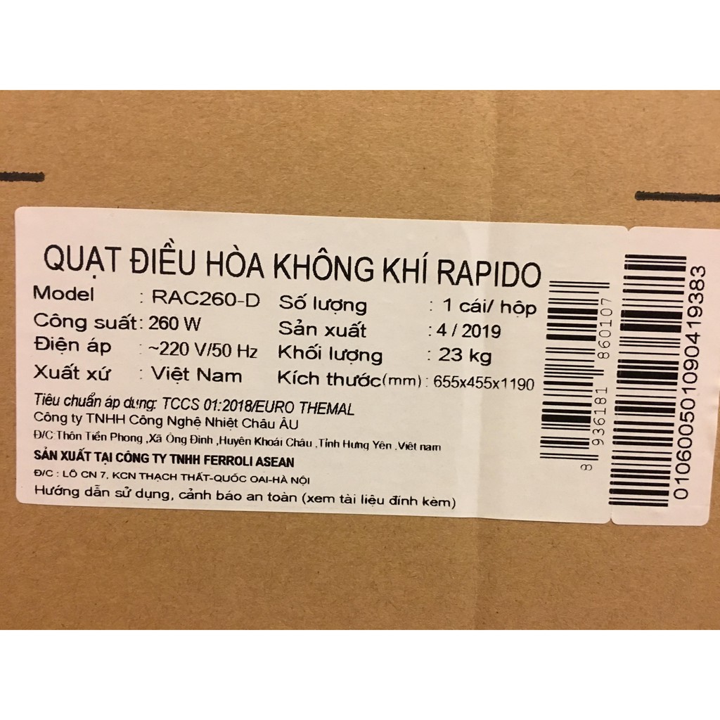 Quạt điều hòa không khí Rapido RAC260-D - tặng 4 hộp đá khô- miễn phí vận chuyển Hà Nội, HCM