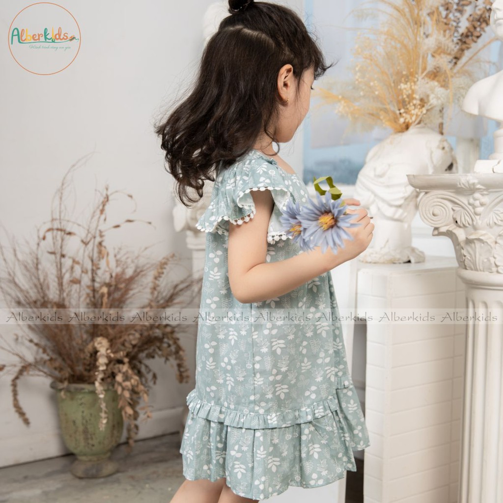 Váy Cho Bé Gái Min Dress Họa Tiết Hoa Chất Liệu Thô Xanh-Xám Cho Bé Từ 2-10T Alber Kids
