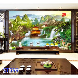 Tranh dán tường 3d, tranh phòng khách sơn thủy 599