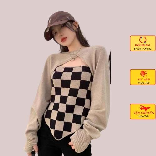 Áo len nữ caro lệch vai 2 dây kèm áo cardigan ngắn ulzzang Hàn Quốc thu đông cá tính