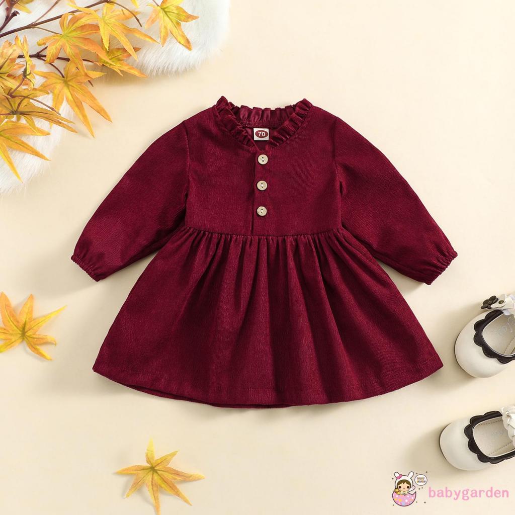 Đầm Chữ A Tay Dài Cổ Bèo Màu Trơn Thời Trang Mùa Thu Cho Bé Gái 0-4 Tuổi