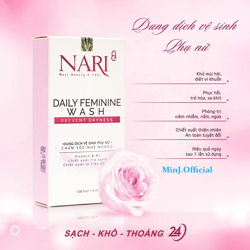 Dung dịch vệ sinh phụ nữ giảm ngứa Nano bạc hà Nari hồng mịn se khít nhẹ nhàng khô thoáng thơm hương cả ngày lọ 110 ml
