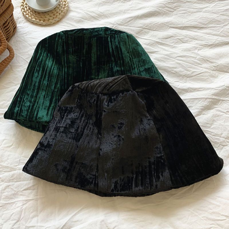 Nón Bucket Chất Liệu Nhung Màu Sắc Trơn Phong Cách Vintage Nhật Bản Cho Nữ