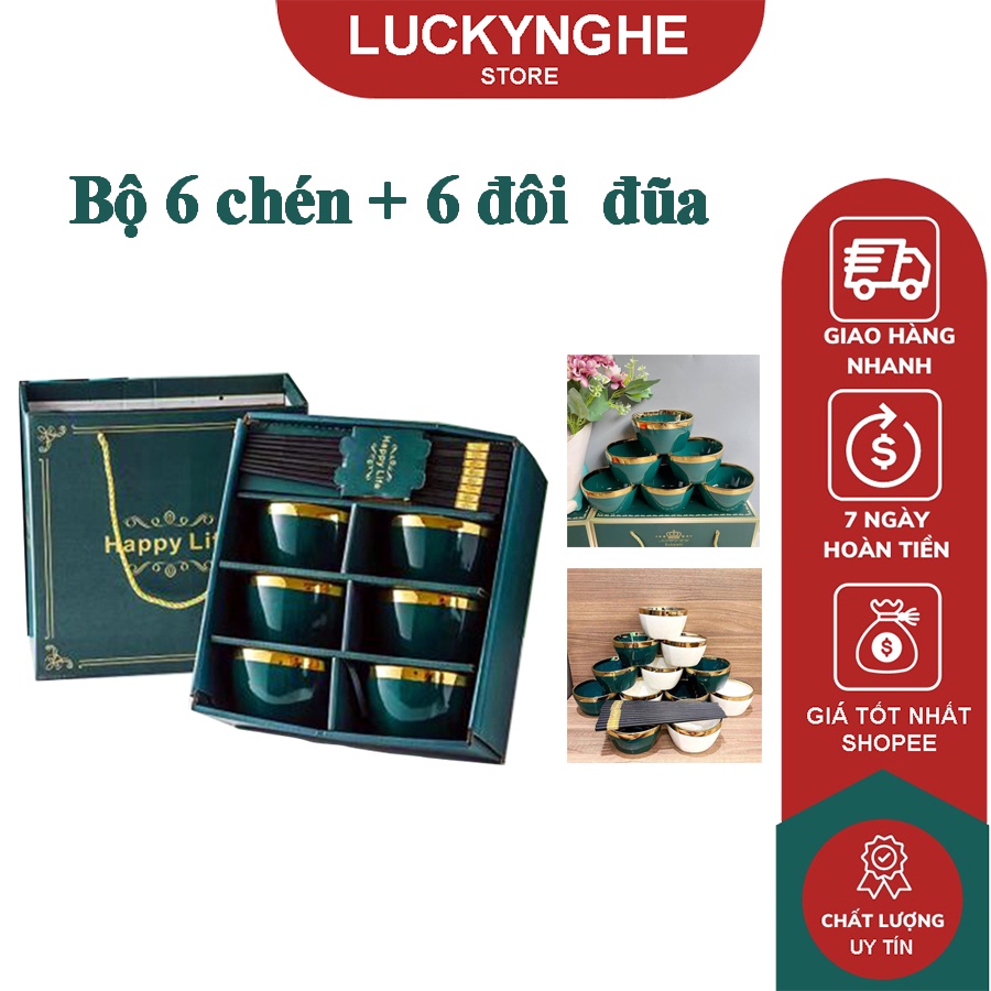 Bộ 6 Bát ăn cơm chén ăn cơm sứ Viền Vàng hình trụ tặng kèm 6 đôi đũa HAPPY LIFE CAO CẤP