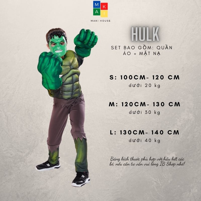 Quần áo người nhện hoá trang trẻ em halloween siêu nhân Maki hulk .HTH28