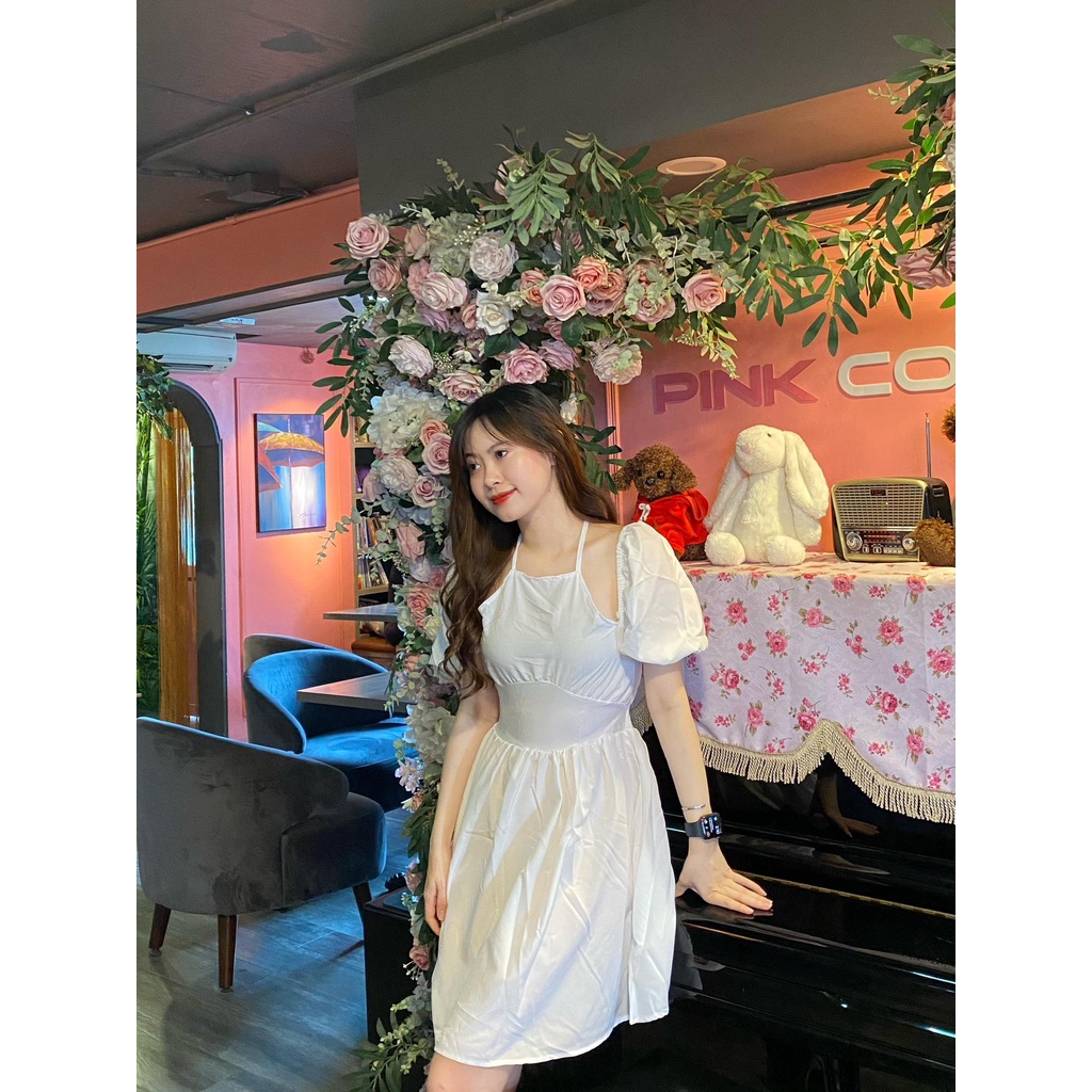 Váy yếm nữ phối tay nơ - váy trễ vai nữ tay nơ phối dây cổ yếm, 2 màu ĐEN | TRẮNG SIÊU HOT