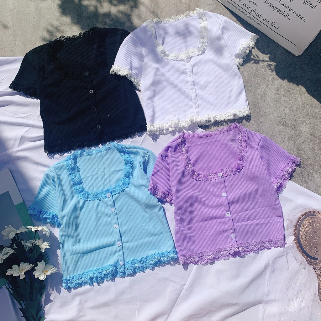 Áo croptop viền ren hàng nút siêu xinh xắn, áo croptop, áo nữ