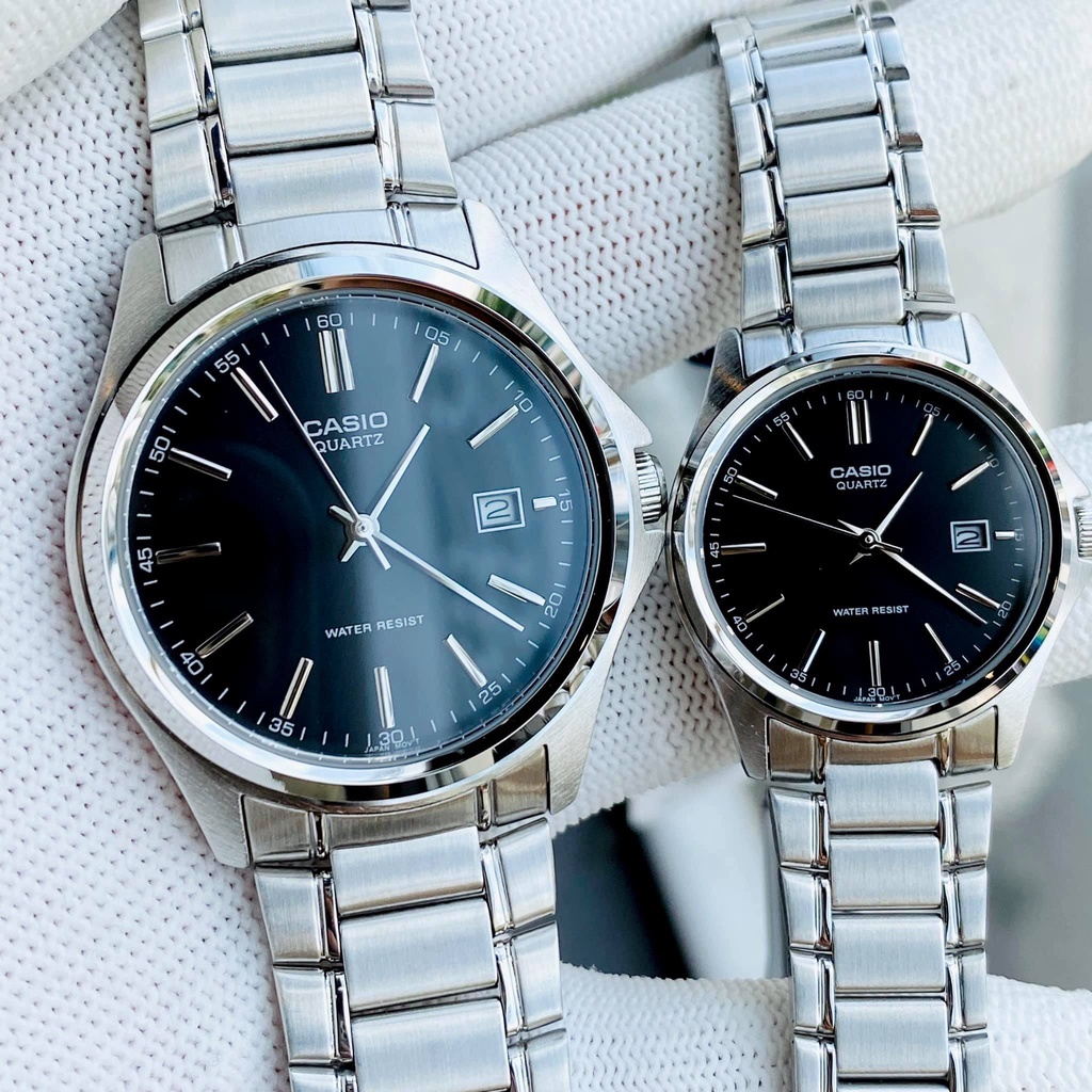 Đồng hồ đôi đẹp dây thép mặt đen Casio 1183A Bảo hành 1 năm- PIn trọn đời Hyma watch