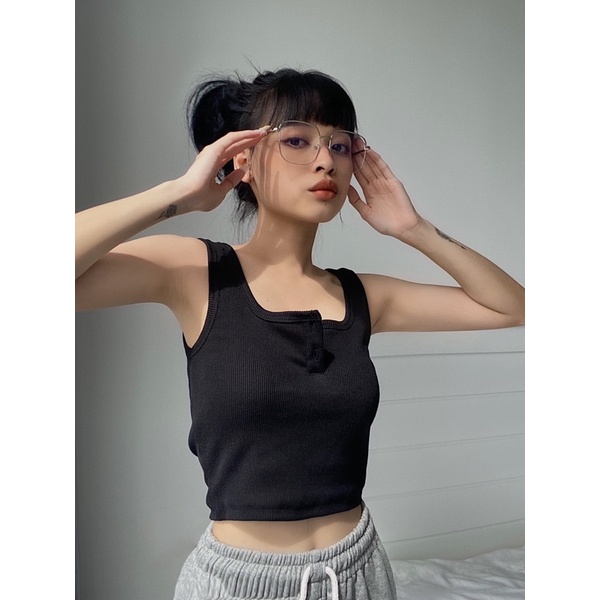 Áo Cúc gài kiểu ba lỗ croptop nữ chất liệu Thun gân Mỹ