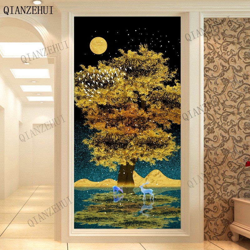 Bộ Tranh Đính Đá diy Hình Phong Cảnh Ban Đêm Mặt Trăng Cây Tài Lộc Tài Lộc Tài Lộc Để Trang Trí Phòng Khách