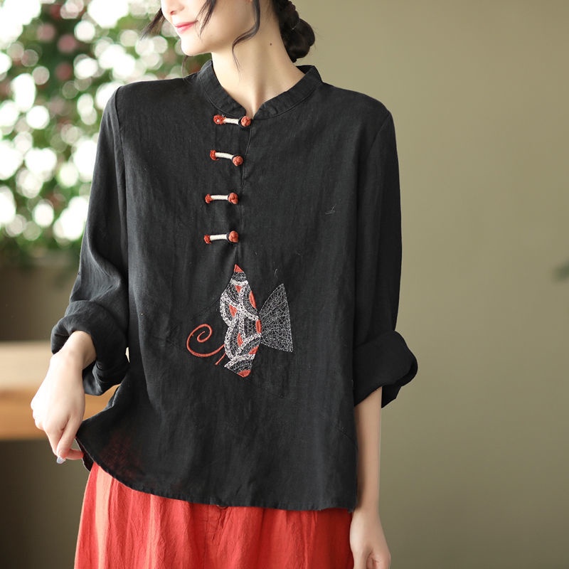 Áo Sơ Mi cotton Lanh Dáng Rộng Cài Khuy Thêu Họa Tiết Dân Tộc Phong Cách Mới 2022 size m-3xl Thời Trang Xuân Hè Dành Cho Bạn Nữ