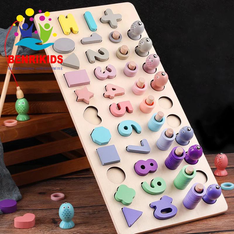 Đồ Chơi Giáo Cụ Montessori, Bộ Câu Cá Nam Châm Kết Hợp Cột Tính Học Đếm Và Hình Khối 4 Trong 1 Bằng Gỗ