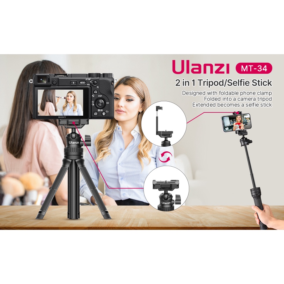 ULANZI MT-34 - Chân Tripod Tích Hợp Ngàm Kẹp Điện Thoại, Ballhead Xoay 360° - Hàng Chính Hãng