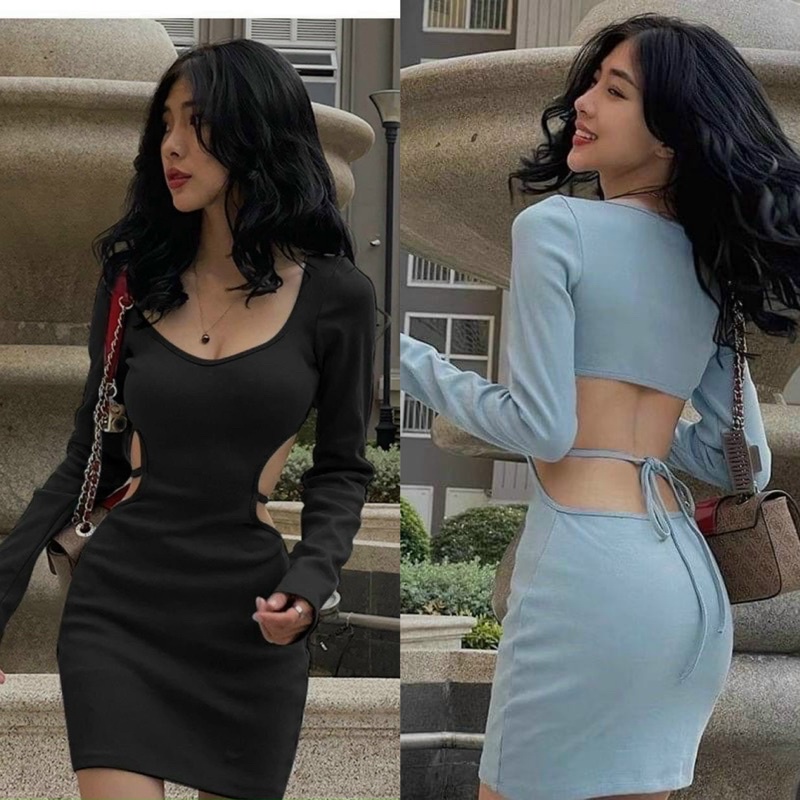 Đầm Gân Tay Dài Cổ V Khoét Lưng Cột Eo