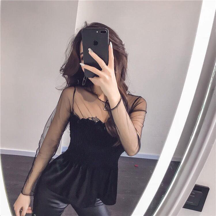 Áo nhúng tay lưới - vải nhung - kèm ảnh thật