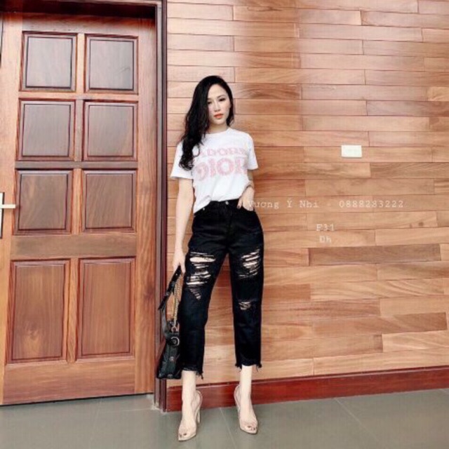 Quần baggy jeans trắng đen rách tua kèm ảnh thật