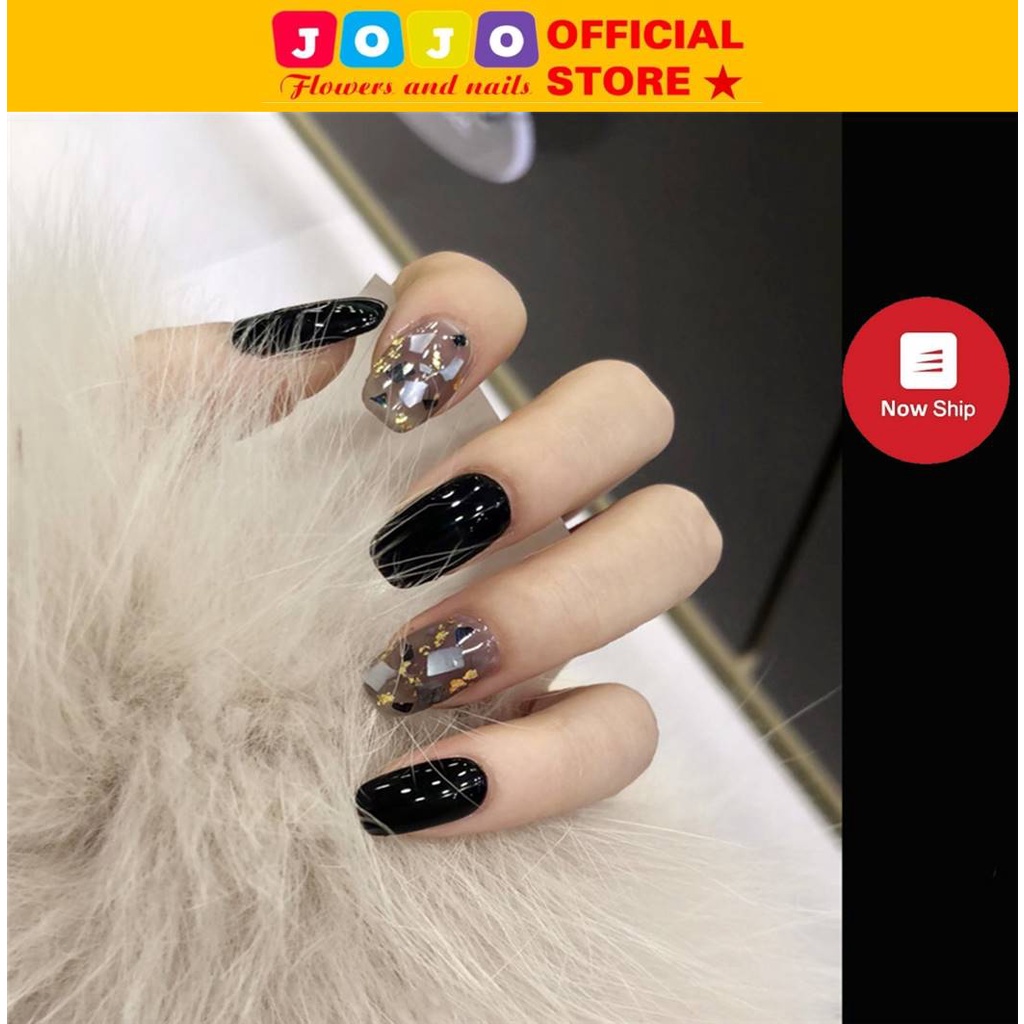 Set 24 móng tay gtiả đen thiết kế hottrend Jojo PD245 móng giả nailbox rẻ đẹp sang chảnh kèm keo gắn tự làm tại nhà