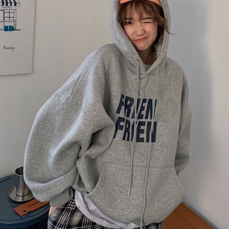 Áo Hoodie Dáng Rộng Tay Dài Vải Lông Cừu Dày Dặn In Chữ Thời Trang Cho Nữ