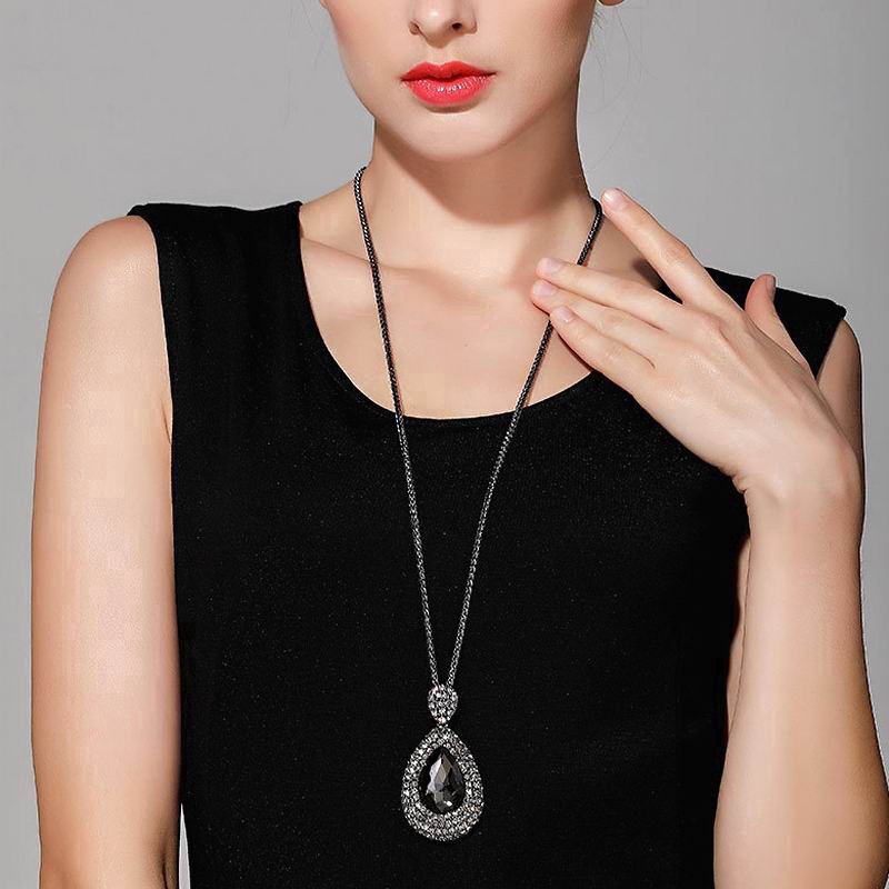 Vòng cổ dài Etrendy đính đá mặt hình giọt nước sáng bóng đơn giản thời trang cho nữ